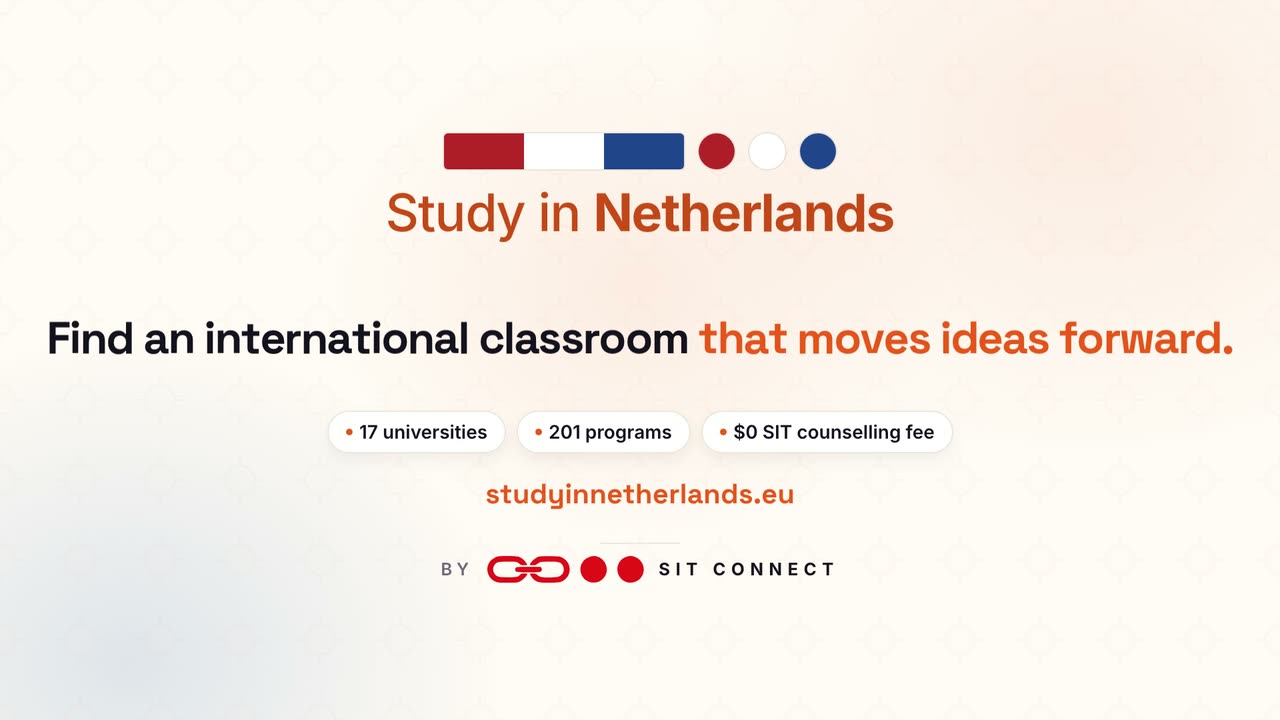 Promotional video about studying in Netherlands: a student pass stamped admitted, six application steps completed one by one, and student cities in Netherlands.